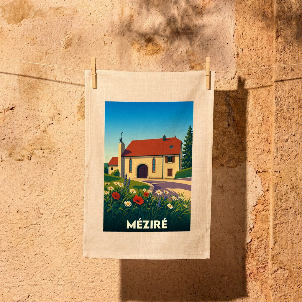 Torchon souvenir de la ville de Méziré illustré d'une maison de campagne stylisée devant un champ de fleurs.