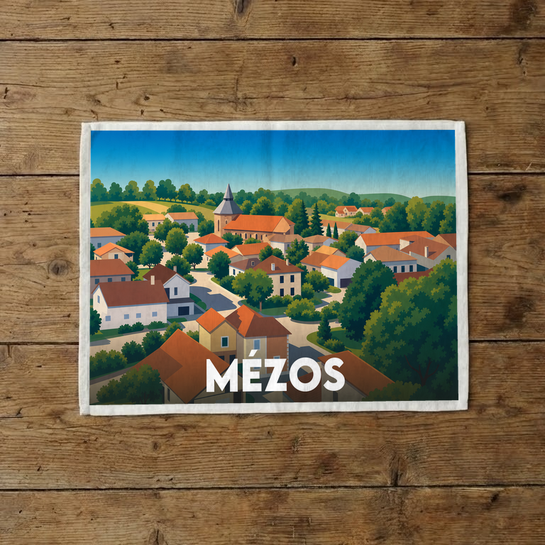 Torchon souvenir de la ville de Mézos avec une illustration stylisée du village.