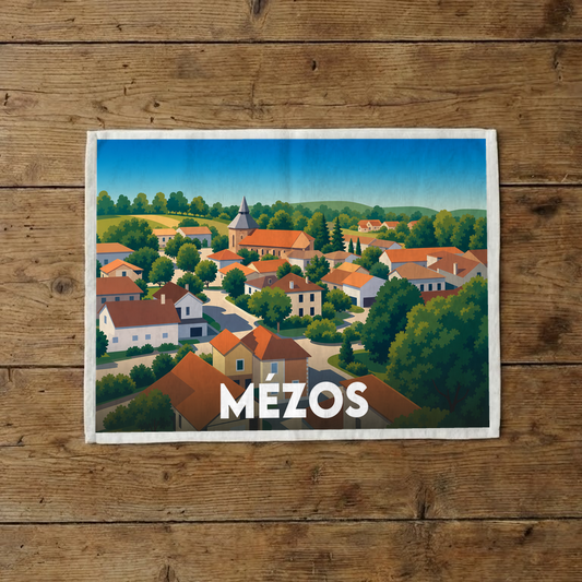 Torchon souvenir de la ville de Mézos avec une illustration stylisée du village.