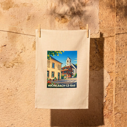 Torchon souvenir de la ville de Michelbach-le-Bas avec une illustration stylisée.
