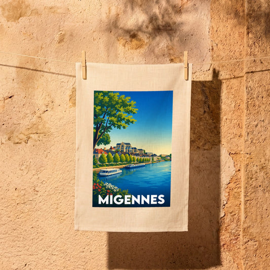 Torchon souvenir de la ville de Migennes avec une illustration stylisée d'un paysage fluvial.