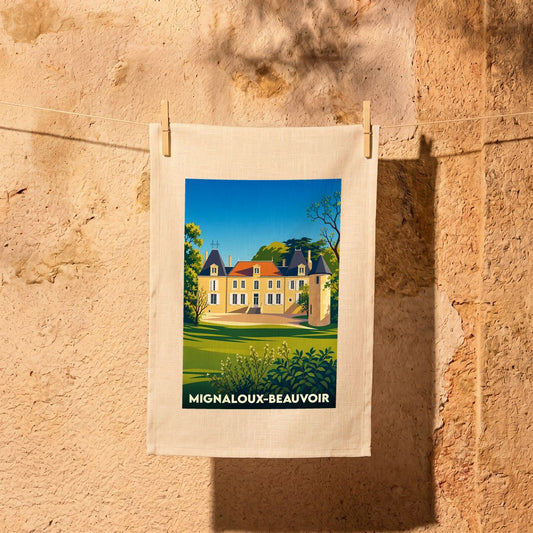 Torchon souvenir de la ville de Mignaloux-Beauvoir avec une illustration stylisée d'un château.