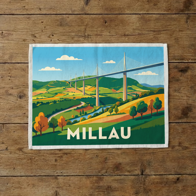 Torchon souvenir de la ville de Millau avec une illustration stylisée de son viaduc.