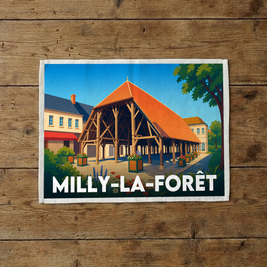 Torchon souvenir de la ville de Milly-la-Forêt avec une illustration stylisée de sa halle.