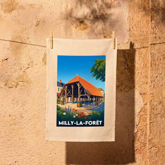 Torchon souvenir de la ville de Milly-la-Forêt avec une illustration stylisée de sa halle.