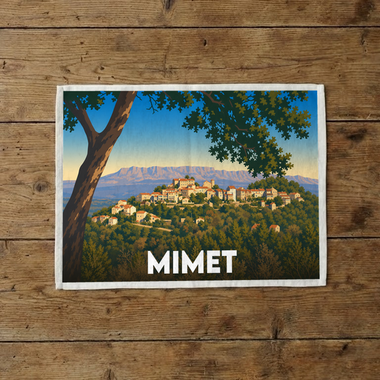Torchon souvenir de la ville de Mimet avec une illustration stylisée.