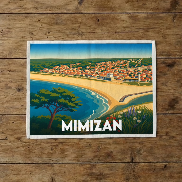 Torchon souvenir de la ville de Mimizan avec une illustration stylisée de sa côte et de son front de mer.