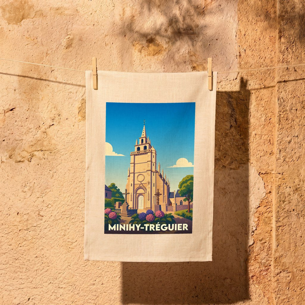 Torchon souvenir de la ville de Minihy-Tréguier avec une illustration stylisée de son église.