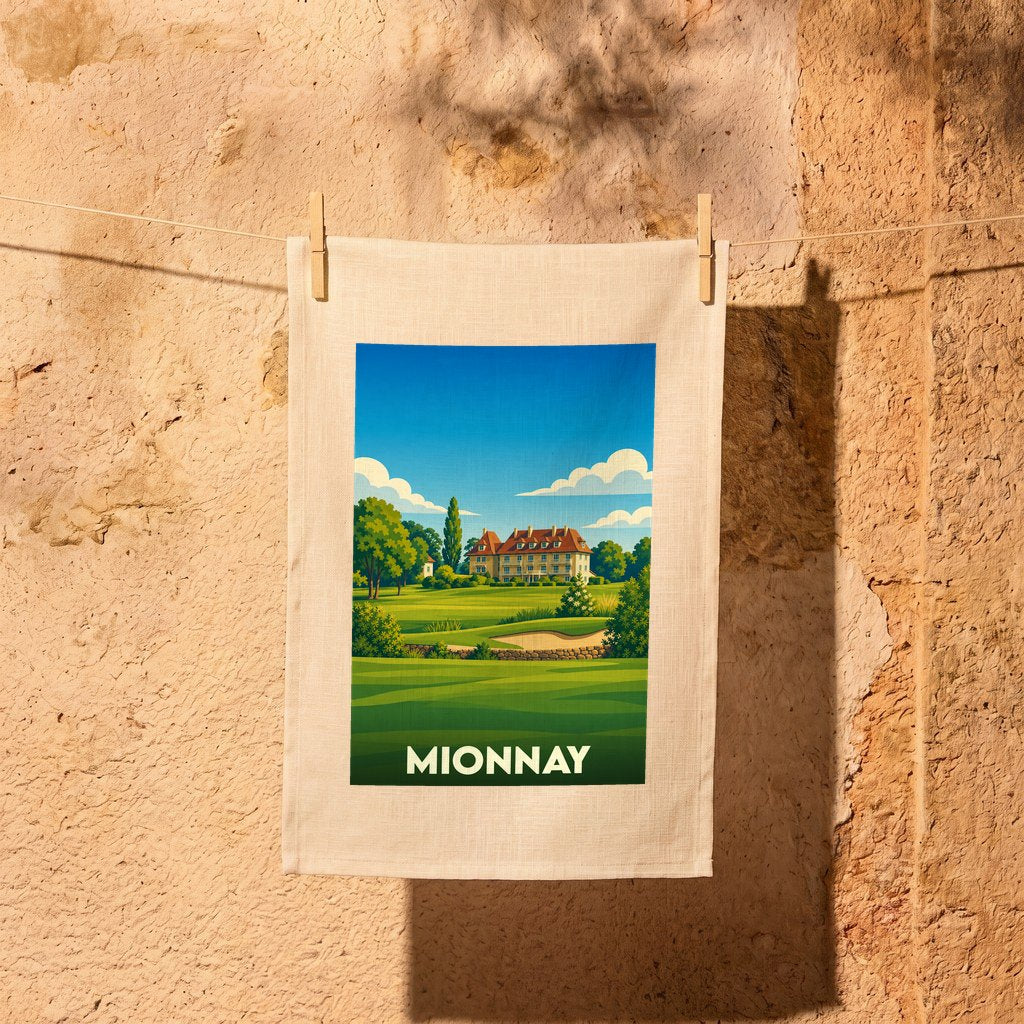 Torchon souvenir de la ville de Mionnay avec une illustration stylisée d'un domaine et de son golf.