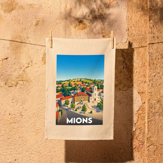 Torchon souvenir de la ville de Mions avec une illustration stylisée et colorée de son paysage.