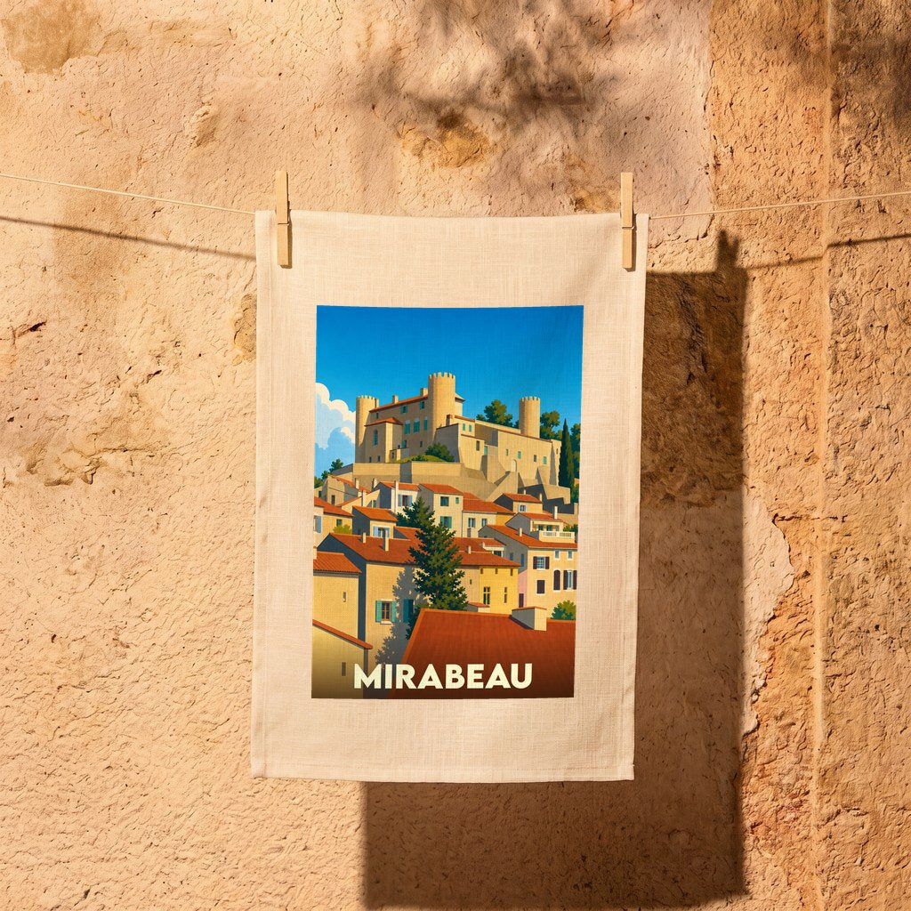 Torchon souvenir de la ville de Mirabeau illustré par une vue stylisée de son château et de ses toits provençaux.