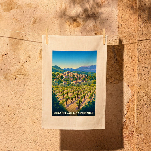 Torchon souvenir de la ville de Mirabel-aux-Baronnies avec une illustration stylisée de ses paysages et vignobles.