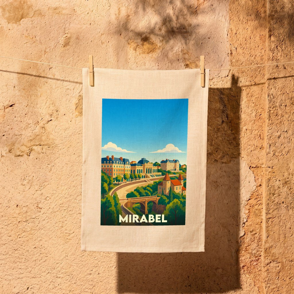 Torchon souvenir de la ville de Mirabel avec une illustration stylisée et colorée.