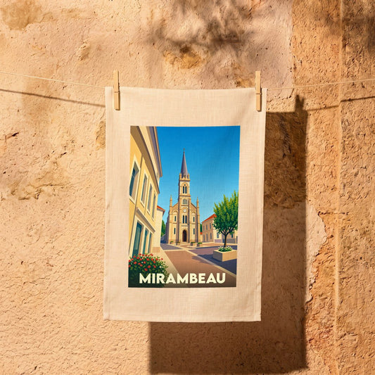 Torchon souvenir de la ville de Mirambeau avec une illustration stylisée de son église.