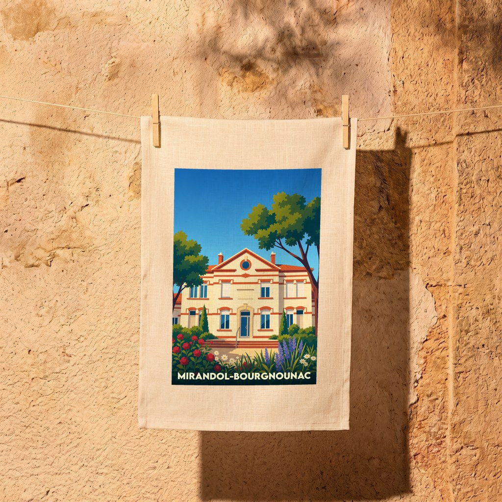 Torchon souvenir de la ville de Mirandol-Bourgnounac avec une illustration colorée et stylisée de la mairie.