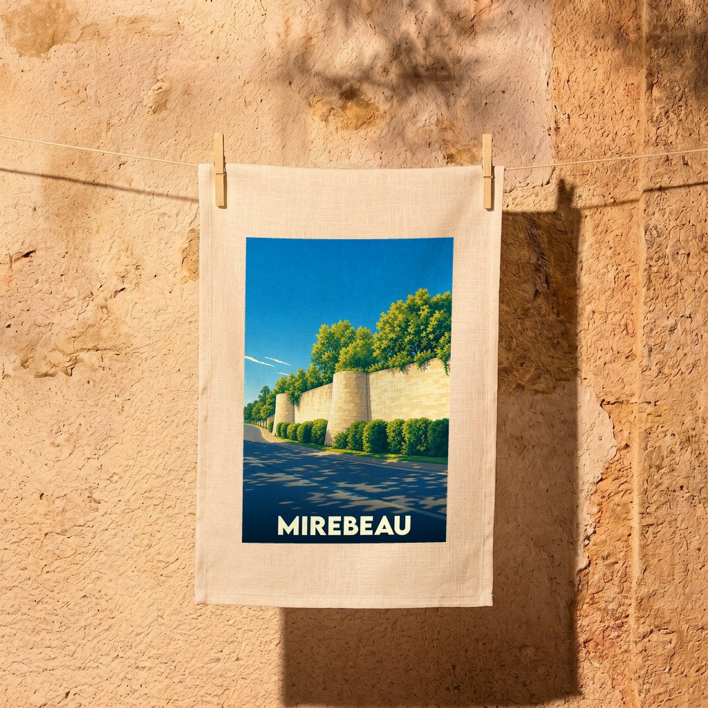 Torchon souvenir de la ville de Mirebeau avec une illustration stylisée de ses remparts.