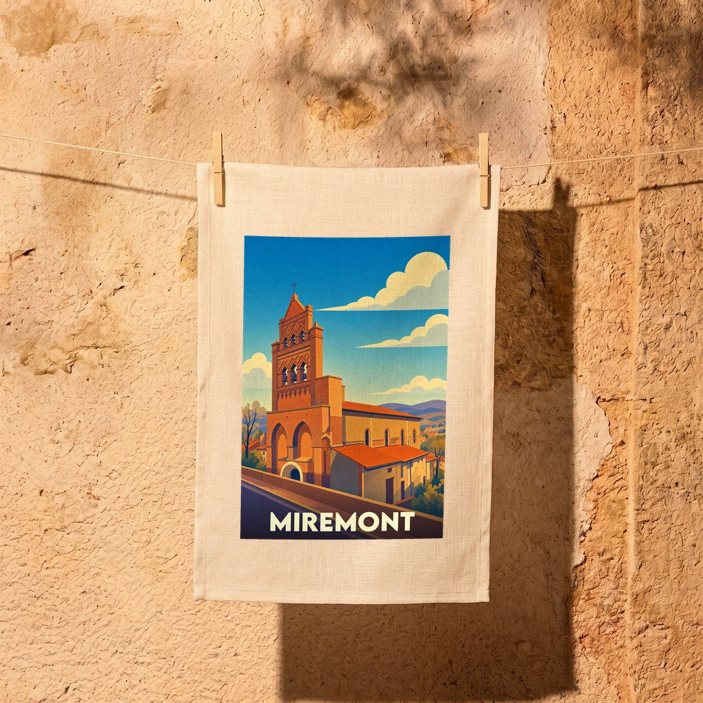 Torchon souvenir de la ville de Miremont avec une illustration stylisée de son église emblématique.
