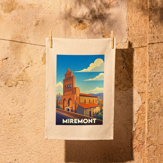 Torchon souvenir de la ville de Miremont avec une illustration stylisée de son église emblématique.