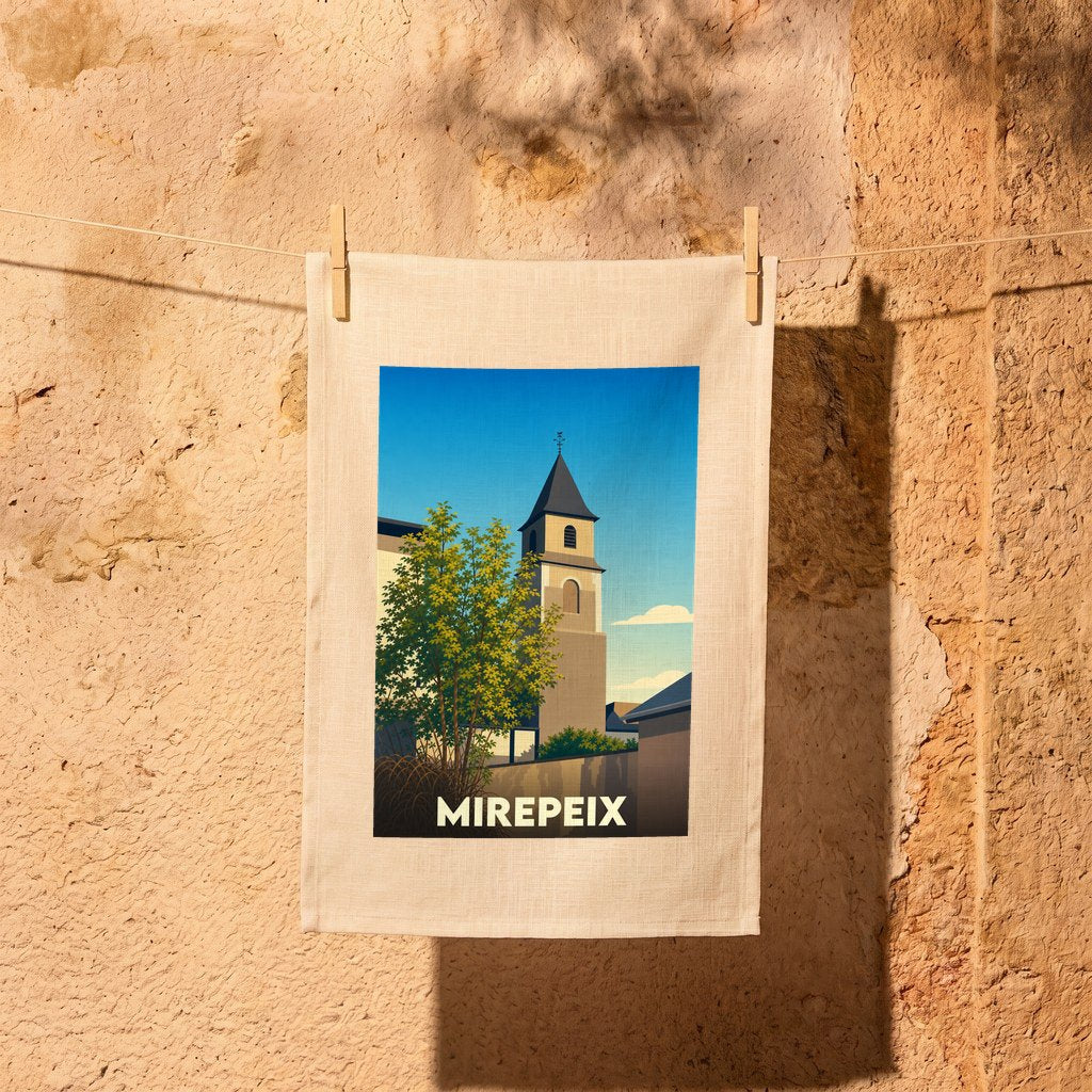 Torchon souvenir de la ville de Mirepeix avec une illustration stylisée de son église.