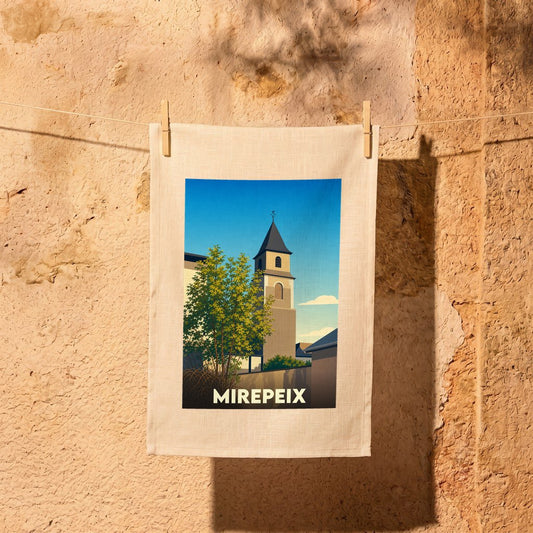 Torchon souvenir de la ville de Mirepeix avec une illustration stylisée de son église.