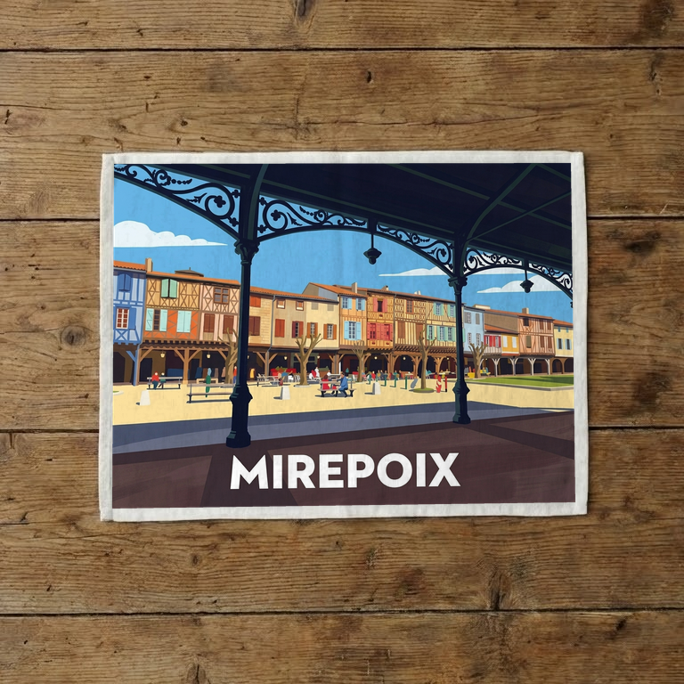 Torchon souvenir de la ville de Mirepoix avec une illustration stylisée de sa place médiévale.