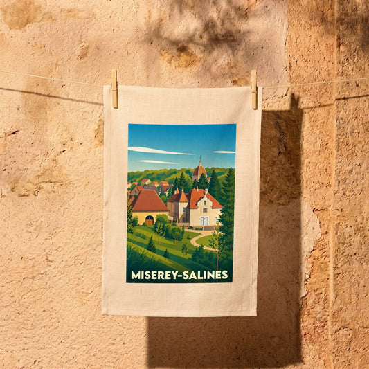Torchon souvenir de la ville de Miserey-Salines avec une illustration stylisée de ses paysages et bâtiments.