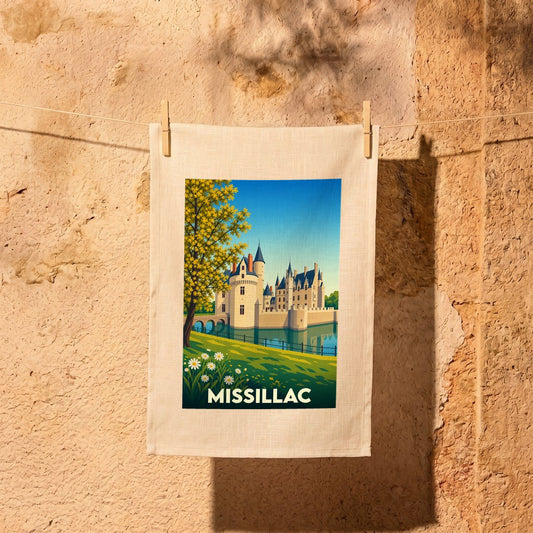 Torchon souvenir de la ville de Missillac avec une illustration stylisée de son château.