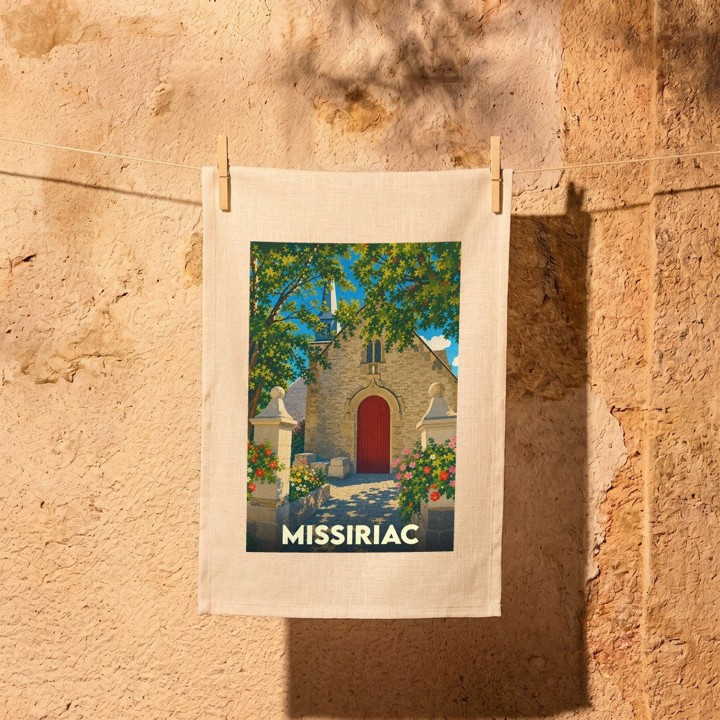 Torchon souvenir de la ville de Missiriac avec une illustration stylisée de son église.