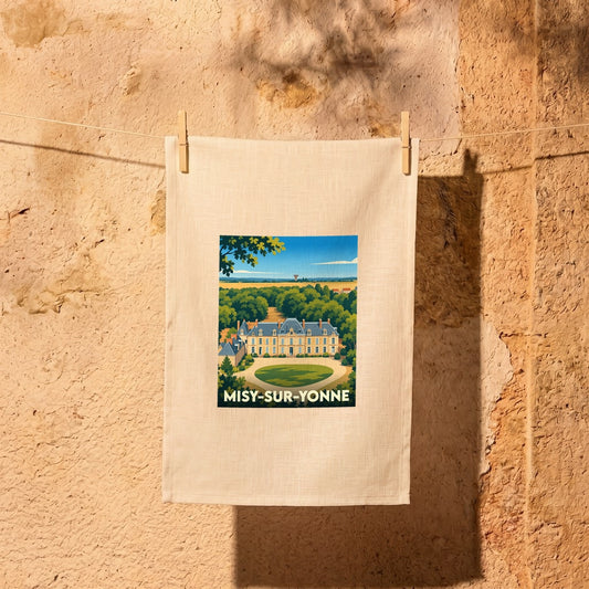Torchon souvenir de la ville de Misy-sur-Yonne orné d'une illustration stylisée de son château.