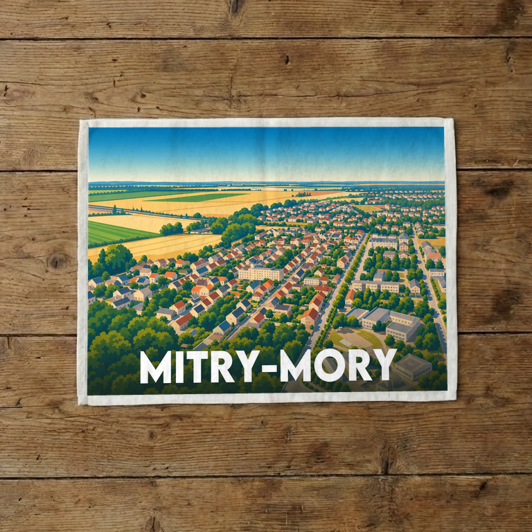 Torchon souvenir de la ville de Mitry-Mory avec une illustration stylisée représentant une vue aérienne.
