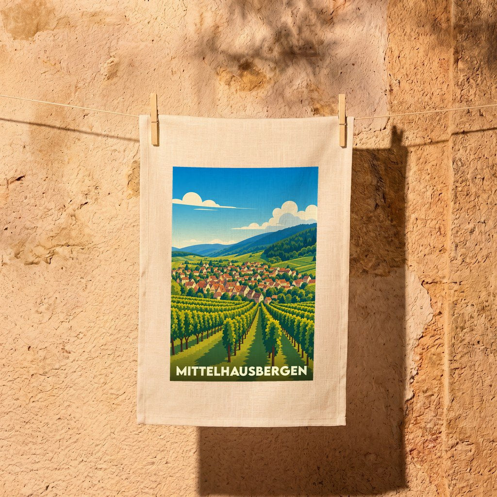 Torchon souvenir de la ville de Mittelhausbergen avec une illustration stylisée de son paysage de vignobles.