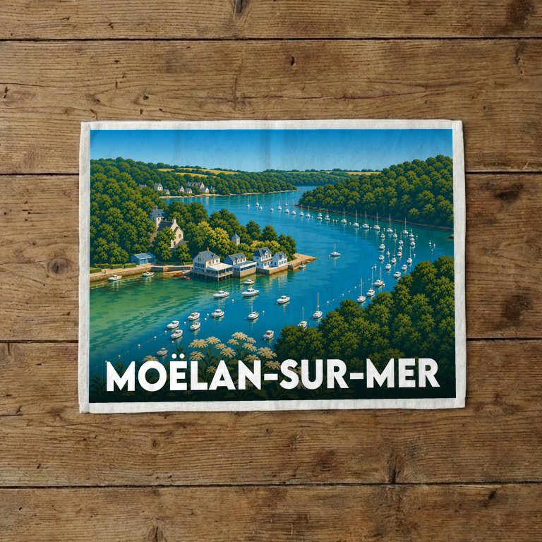 Torchon souvenir de la ville de Moëlan-sur-Mer avec une illustration stylisée de son port côtier.