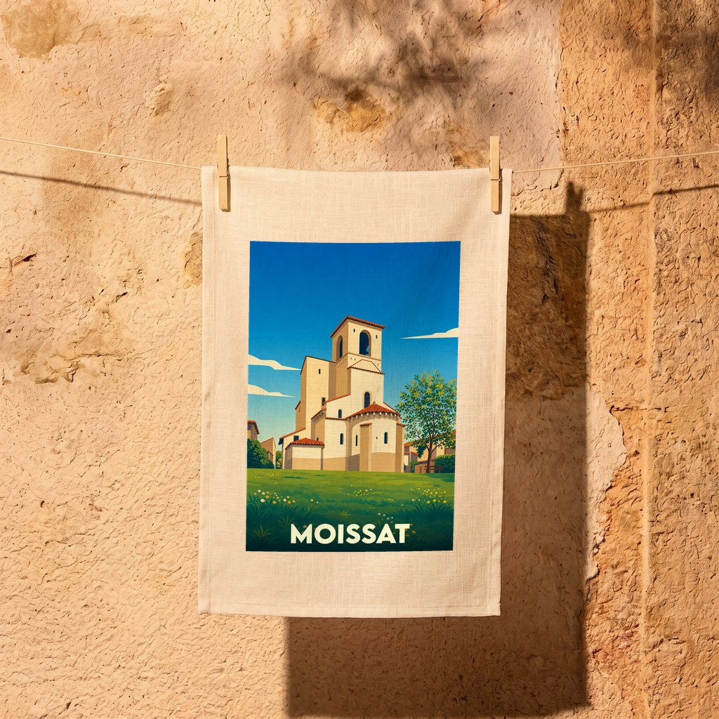 Torchon souvenir de la ville de Moissat avec une illustration stylisée de son église romane.