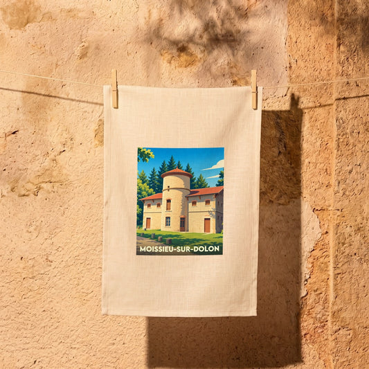 Torchon souvenir de la ville de Moissieu-sur-Dolon avec une illustration stylisée.