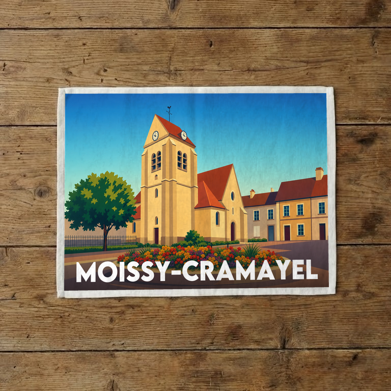 Torchon souvenir de la ville de Moissy-Cramayel avec une illustration colorée et stylisée de son église.