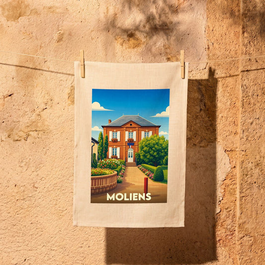Torchon souvenir de la ville de Moliens avec une illustration stylisée.
