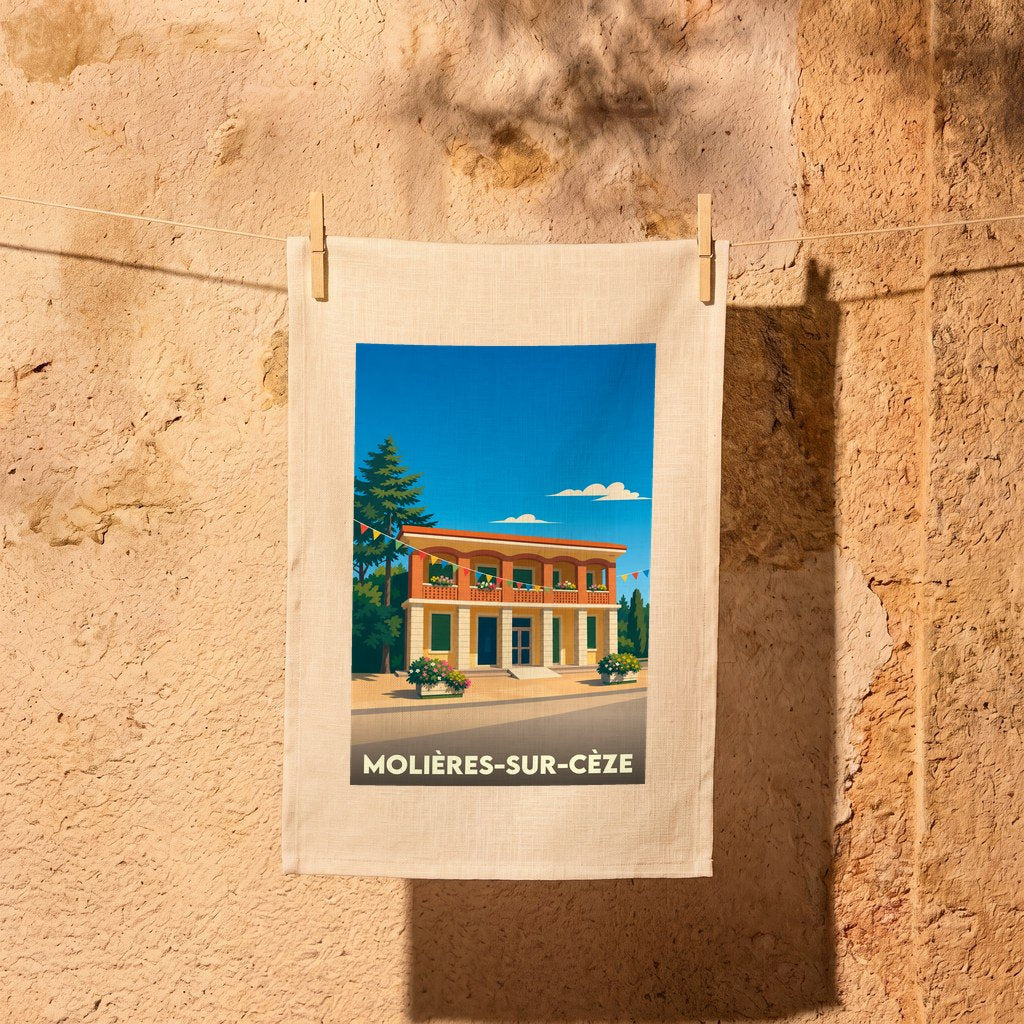 Torchon souvenir de la ville de Molières-sur-Cèze avec une illustration stylisée.
