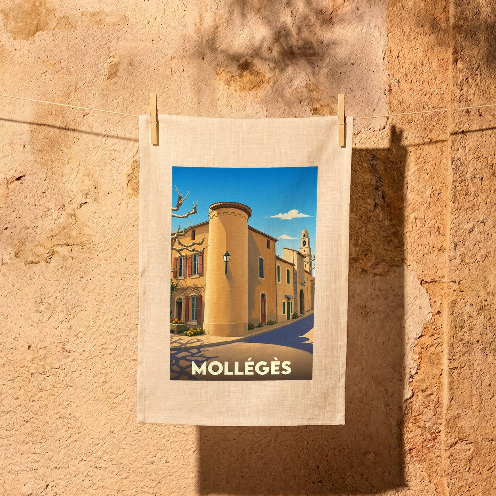 Torchon souvenir de la ville de Mollégès avec une illustration stylisée.
