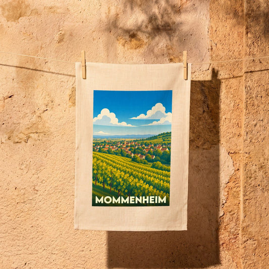 Torchon souvenir de la ville de Mommenheim avec une illustration stylisée de son paysage de vignobles.