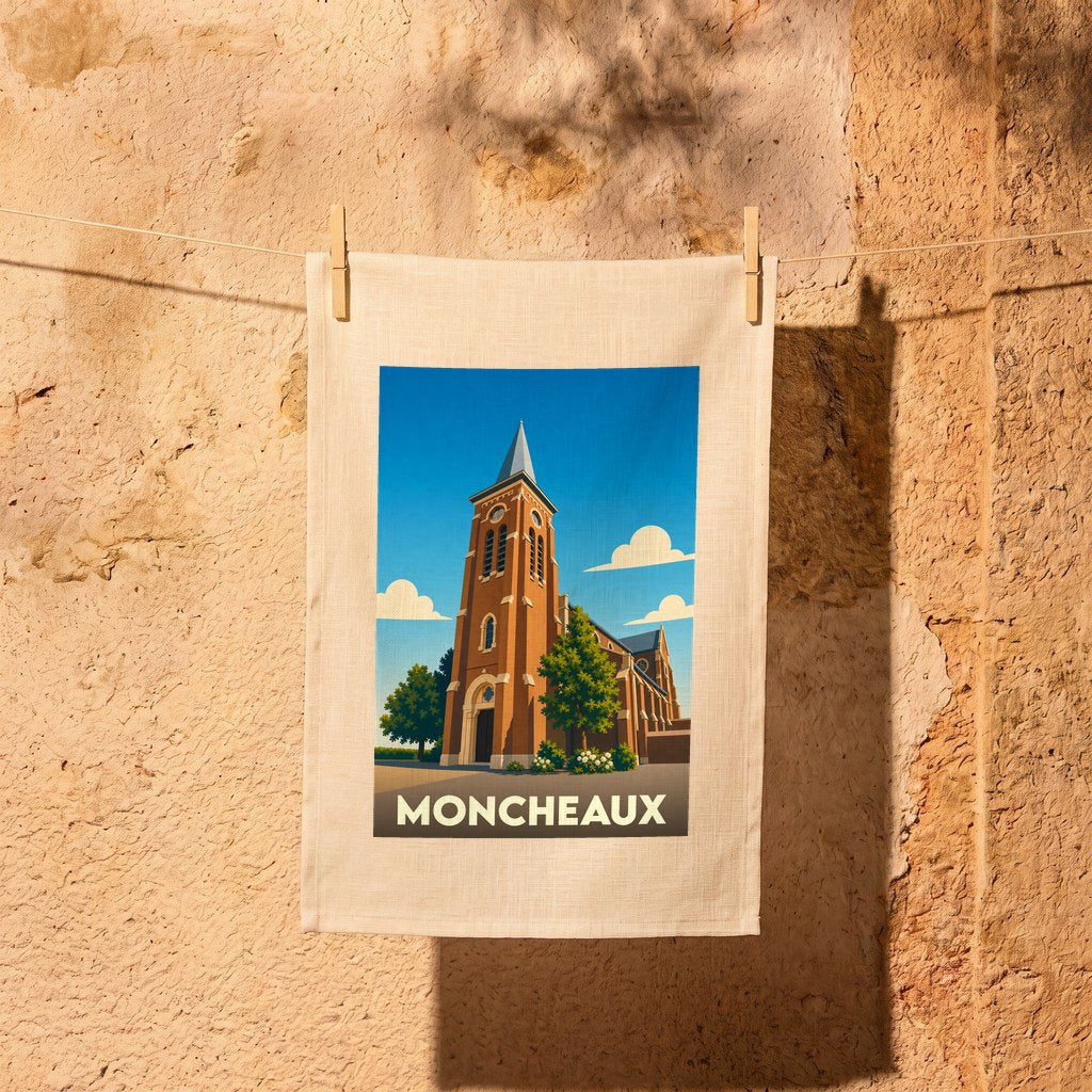Torchon souvenir de la ville de Moncheaux avec une illustration stylisée d'une église.