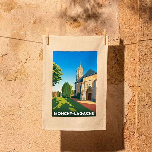 Torchon souvenir de la ville de Monchy-Lagache avec une illustration stylisée.
