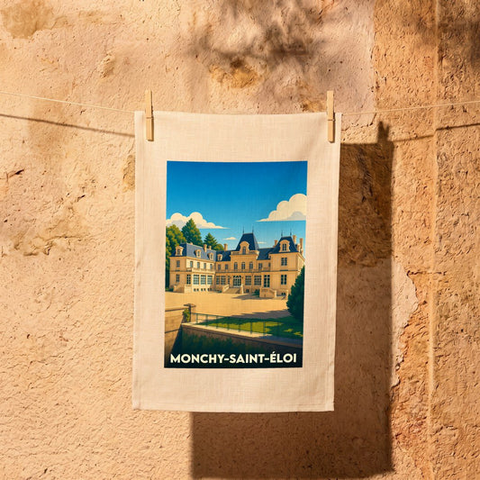 Torchon souvenir de la ville de Monchy-Saint-Éloi avec une illustration stylisée de son château.