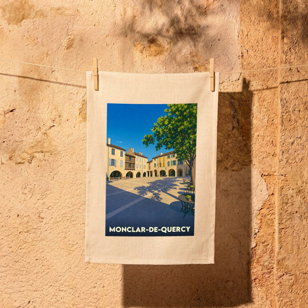Torchon souvenir de la ville de Monclar-de-Quercy avec une illustration stylisée de sa place centrale.