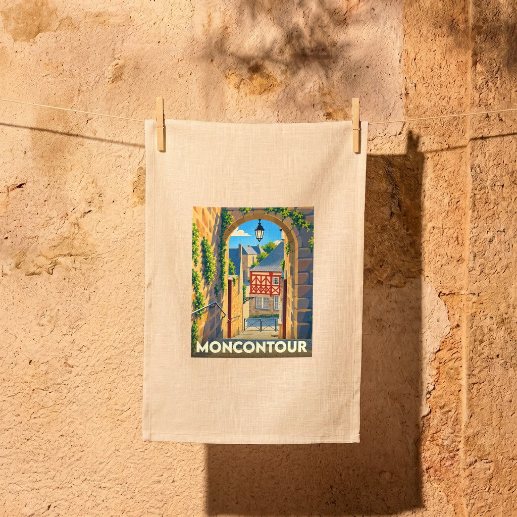 Torchon souvenir de la ville de Moncontour avec une illustration stylisée d'une ruelle médiévale fleurie.