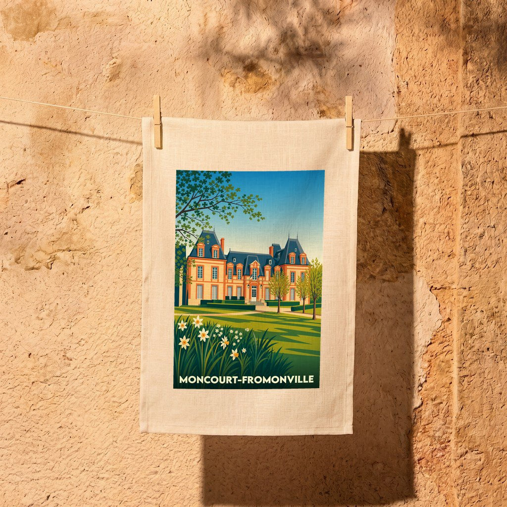 Torchon souvenir de la ville de Moncourt-Fromonville avec une illustration stylisée d'un château.