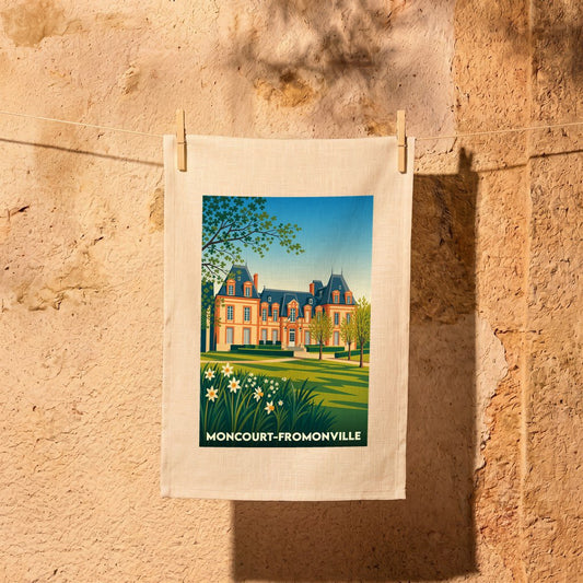 Torchon souvenir de la ville de Moncourt-Fromonville avec une illustration stylisée d'un château.