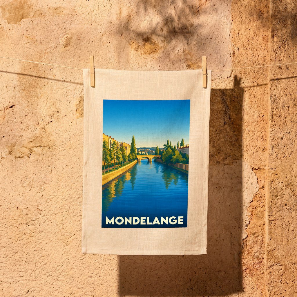 Torchon souvenir de la ville de Mondelange avec une illustration stylisée d'un canal et d'un pont.