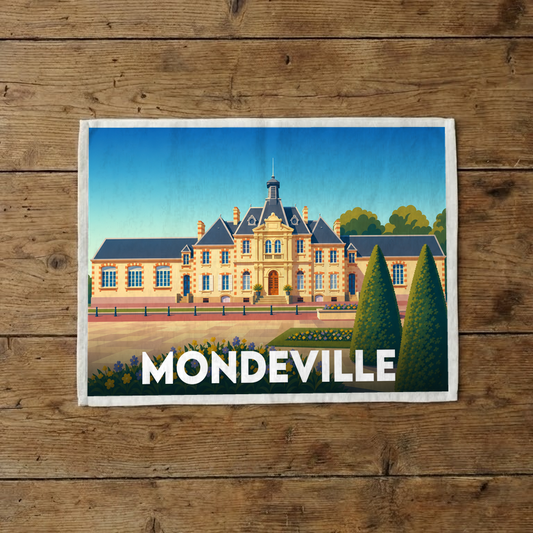 Torchon souvenir de la ville de Mondeville avec une illustration stylisée de son hôtel de ville.