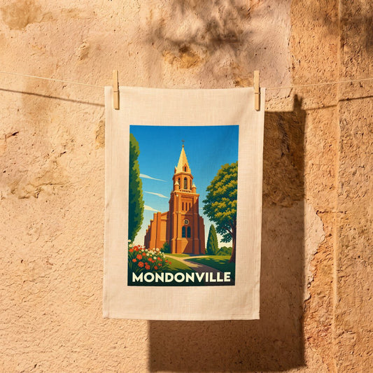 Torchon souvenir de la ville de Mondonville avec une illustration stylisée de son église.