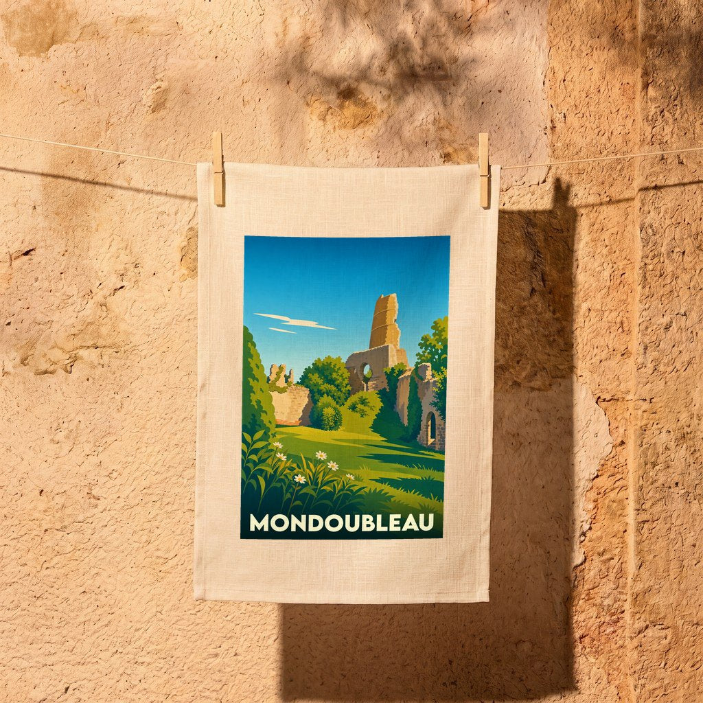 Torchon souvenir de la ville de Mondoubleau illustré par une vue stylisée de ses remparts et de sa tour en ruine.